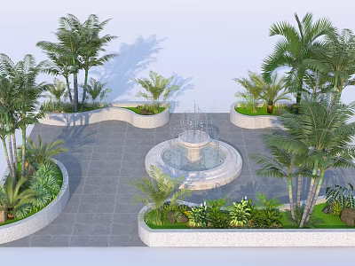 Garden Landscape Design With Central Fountain Palm Trees And Green Plants 3d model