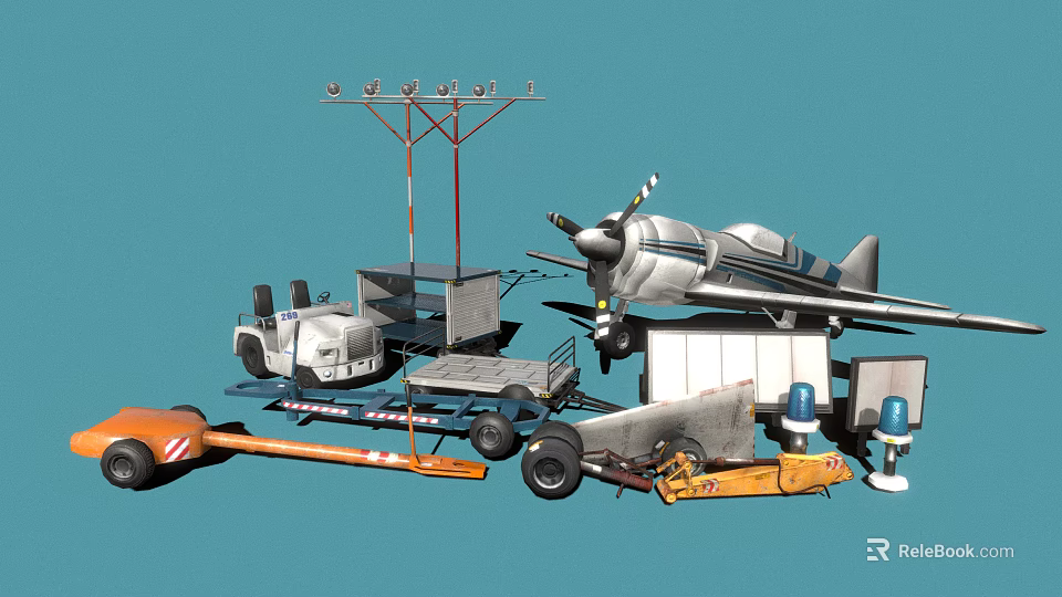 3D Models of Airport Ground Equipment Featuring Airplane Towing Truck and Baggage Cart 3d model 