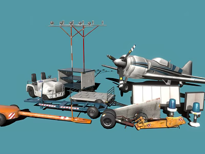 3D Models of Airport Ground Equipment Featuring Airplane Towing Truck and Baggage Cart 3d model