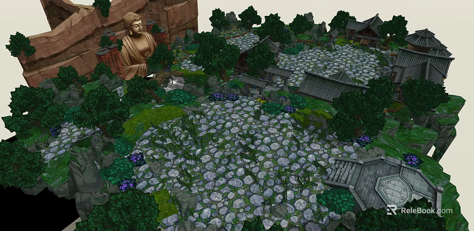 Scenic Garden Landscape With Stone Statue Traditional Building Lush Trees And Flower Beds 3d model 