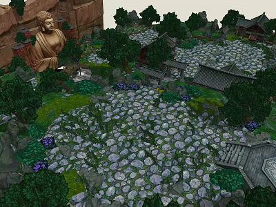 Scenic Garden Landscape With Stone Statue Traditional Building Lush Trees And Flower Beds 3d model