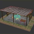 Outdoor Wooden Pavilion With Tile Roof Table Chairs Stone Floor And Grass Area