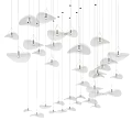 Silver Leaf Shaped Chandeliers Hanging In Irregular Layered Arrangement On White Background 3d model