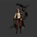 Horned Fantasy Creature Character With Flame Ribbons Holding Lantern Staff And Red Pants