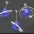 Starry Planet Shaped Chandeliers With Blue Illuminated Rings And Sparkling Lights