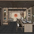Traditional Chinese Restaurant Interior With Wooden Ceiling Long Dining Table And Seating