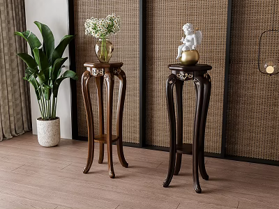 Two Carved Wooden Flower Stands With Angel Statue And Green Plants Indoor 3d model
