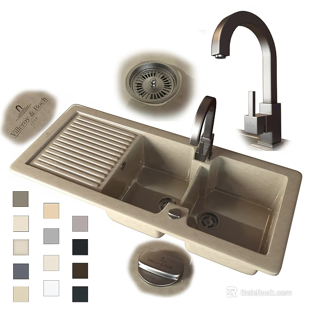 Double Bowl Kitchen Sink With Faucet Drain Strainer Drying Rack And Multiple Color Options 3d model 