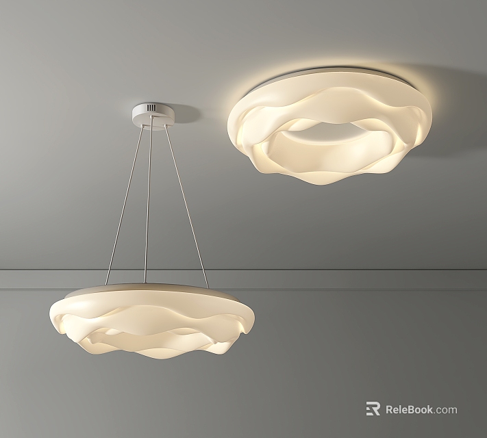 Modern Lighting Combination with Pendant Light and Ceiling Lamp White Wavy Shades 3d model 