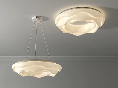 Modern Lighting Combination with Pendant Light and Ceiling Lamp White Wavy Shades 3d model