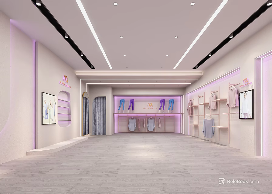 Pastel Pink And White Clothing Store Interior With Display Shelves Hanging Clothes And Modern Lighting 3d model 