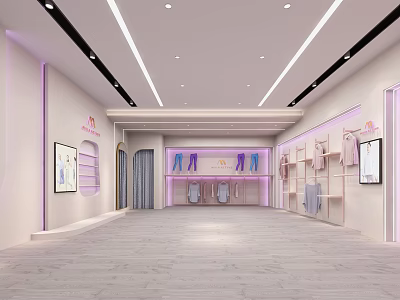 Pastel Pink And White Clothing Store Interior With Display Shelves Hanging Clothes And Modern Lighting 3d model