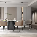 Modern Restaurant Interior Design With Round Dining Table Gray Chairs And Minimalist Pendant Lights