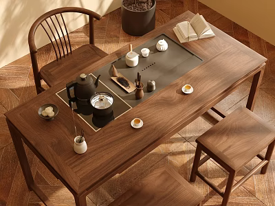 Traditional Chinese Solid Wood Tea Table and Chairs With Teapot Cups Tea Tray 3d model