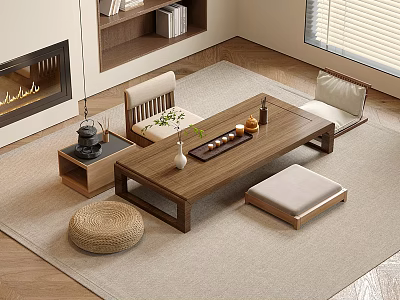 Wooden Tea Table And Chairs In Cozy Room With Rug Fireplace Bookshelf And Stool 3d model