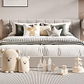 Cozy Double Bed With Upholstered Headboard Multiple Pillows Plush Bears And Mini Building Models 3d model