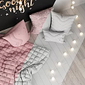 Good Night Decor Black Wall With Stars Pink Quilt And Pillows String Lights