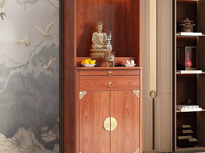 Traditional Wooden Buddhist Shrine Cabinet With Golden Ornaments Buddha Statue And Fruit Offerings 3d model