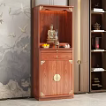 Traditional Wooden Buddhist Shrine Cabinet With Golden Ornaments Buddha Statue And Fruit Offerings