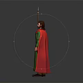 Medieval Warrior In Green Robe With Red Cape Holding Long Spear