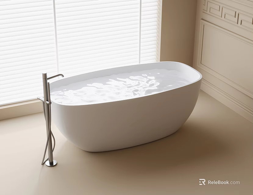 Modern Free Standing White Bathtub With Silver Faucet Near Window Blinds 3d model 
