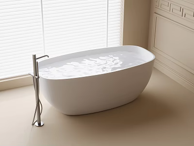 Modern Free Standing White Bathtub With Silver Faucet Near Window Blinds 3d model