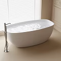 Modern Free Standing White Bathtub With Silver Faucet Near Window Blinds
