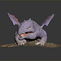 Purple Fantasy Creature With Pink Wings Sharp Teeth And Claws On Cracked Ground