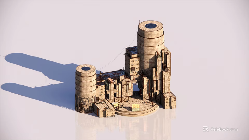 Ancient Stone Architectural Structure With Two Cylindrical Towers And Connected Buildings 3d model