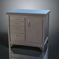 Modern Gray Storage Cabinet With Blue Countertop Multiple Drawers And Single Door