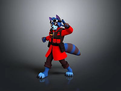 Cartoon Raccoon Character In Red Coat With Goggles Making Peace Sign And Blue Paws Design 3d model