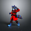 Cartoon Raccoon Character In Red Coat With Goggles Making Peace Sign And Blue Paws Design