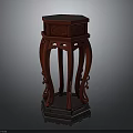 Dark Red Traditional Chinese Style Pedestal Table With Hexagonal Top And Carved Decorative Legs