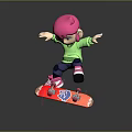 Man With Pink Hair Green Shirt Riding Red Skateboard And Jumping In Air