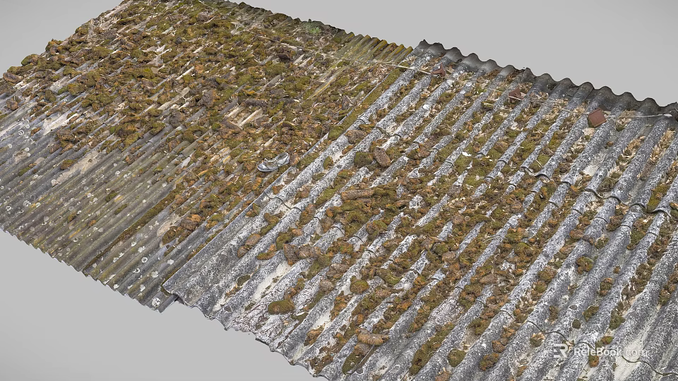 Industrial Equipment Corrugated Metal Roof Covered With Green Moss And Debris 3d model 