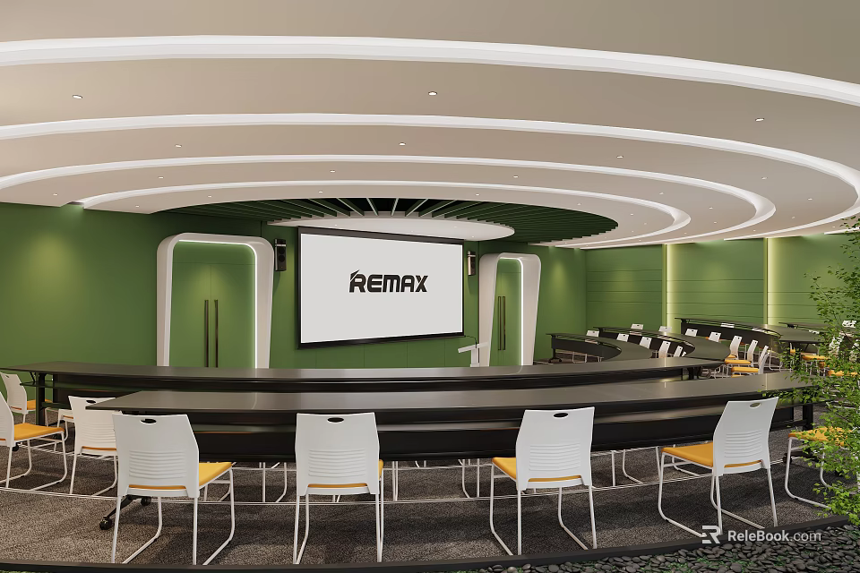 Modern Conference Room With Green Walls Long Table Large Screen REMAX Logo And White Chairs 3d model 