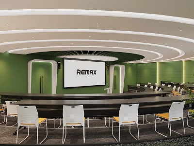 Modern Conference Room With Green Walls Long Table Large Screen REMAX Logo And White Chairs 3d model