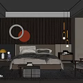Modern Bedroom Interior Design With Wooden Striped Wall Circular Art And Pendant Lights