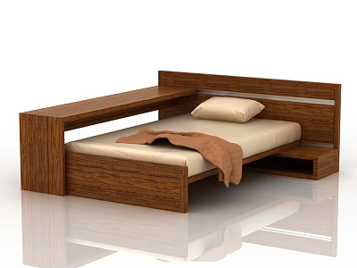 Modern Wooden Frame Double Bed With Light Colored Mattress Brown Blanket And Pillow 3d model