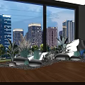 Modern Interior Design Featuring Large Windows City View White Stones Green Plants On Wooden Floor