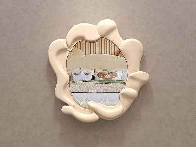 Mirror With Irregular Wavy White Frame Reflecting Bedroom Bed Pillows And Rug On Beige Wall 3d model