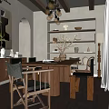 Rustic Restaurant Interior Featuring Wooden Ceiling Chandelier Dining Table And Decorative Shelves 3d model