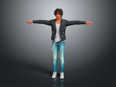 Man with Arms Outstretched Wearing Black Leather Jacket Gray T-shirt Blue Jeans White Sneakers 3d model