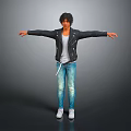 Man with Arms Outstretched Wearing Black Leather Jacket Gray T-shirt Blue Jeans White Sneakers