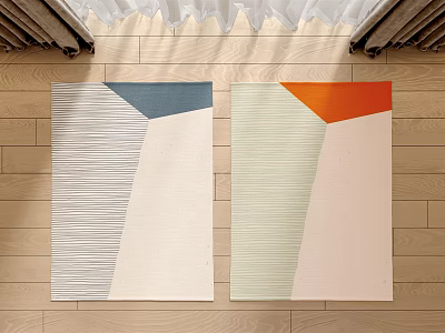 Modern Square Rugs with Geometric Patterns Blue Orange Green Stripes on Wooden Floor 3d model