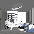 Modern Office Interior With White Desk Blue Sofa Wall Painting And Round Ceiling Light