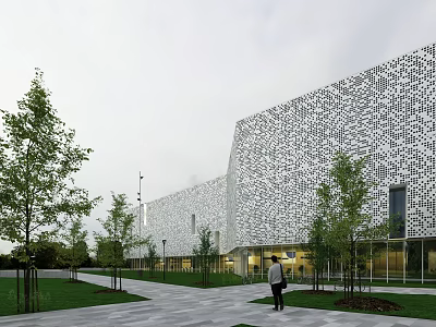 Modern Office Building With Geometric Patterned Facade And Landscaped Garden Walkway 3d model