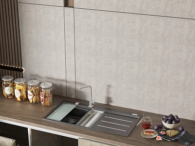 Modern Kitchen Sink With Wooden Countertop And Silver Faucet Near Glass Jars And Fresh Fruits 3d model