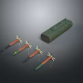 Green Multiple Rocket Launcher With Launch Tubes And Four Rockets Featuring Yellow Fins And Colored Stripes