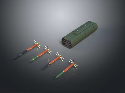 Green Multiple Rocket Launcher With Launch Tubes And Four Rockets Featuring Yellow Fins And Colored Stripes 3d model